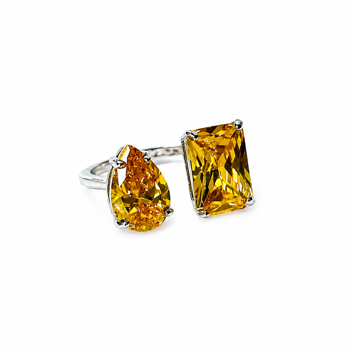 Yellow Topaz Cubic Zirconia Ice Cut American Diamond Silver Plated Adjustable Ring