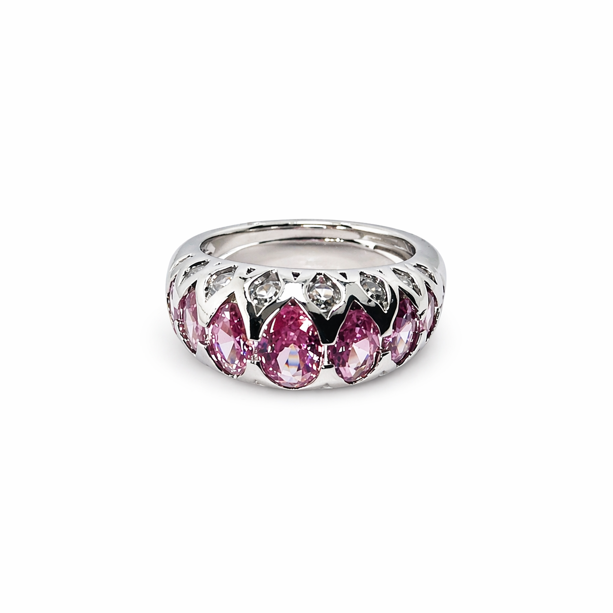Pink Cubic Zirconia Topaz Ice Cut American Diamond Silver Plated Adjustable Ring
