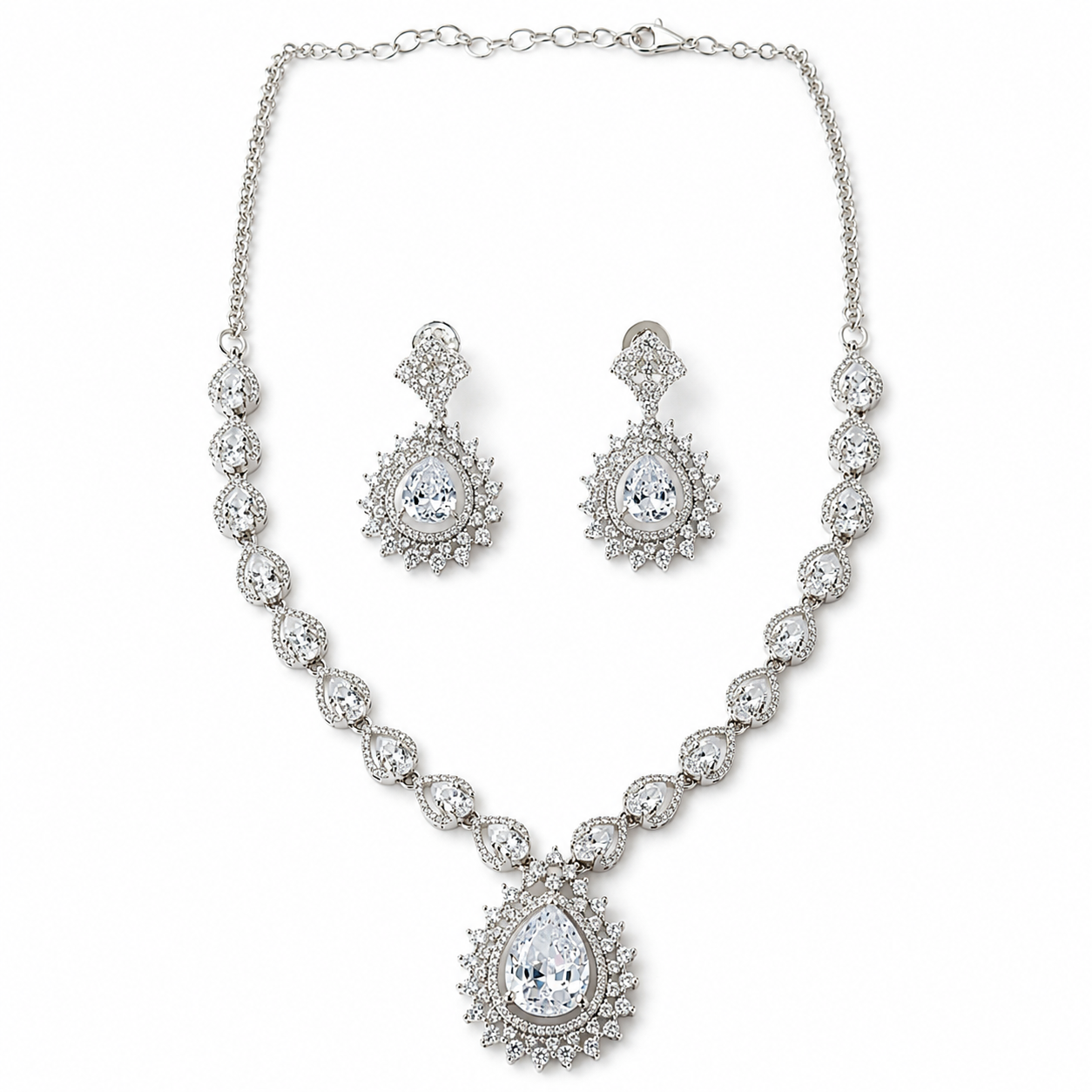 Solitaire Cubic Zircon American Diamond Silver Plated Necklace Set