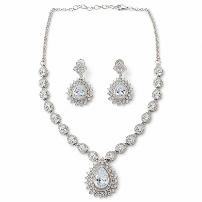 Solitaire Cubic Zircon American Diamond Silver Plated Necklace Set