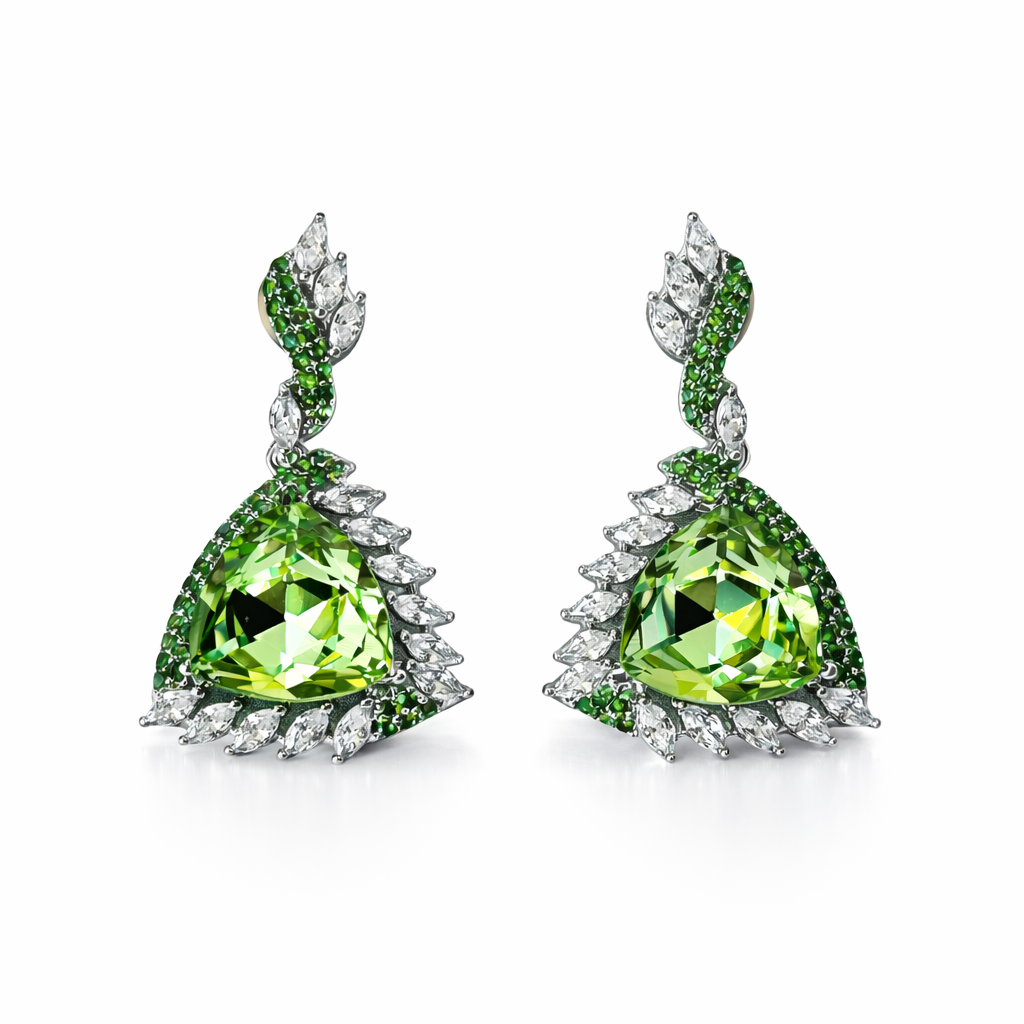 Green Peridot Swarovski Crystal & Emerald Green CZ Silver Plated Earrings