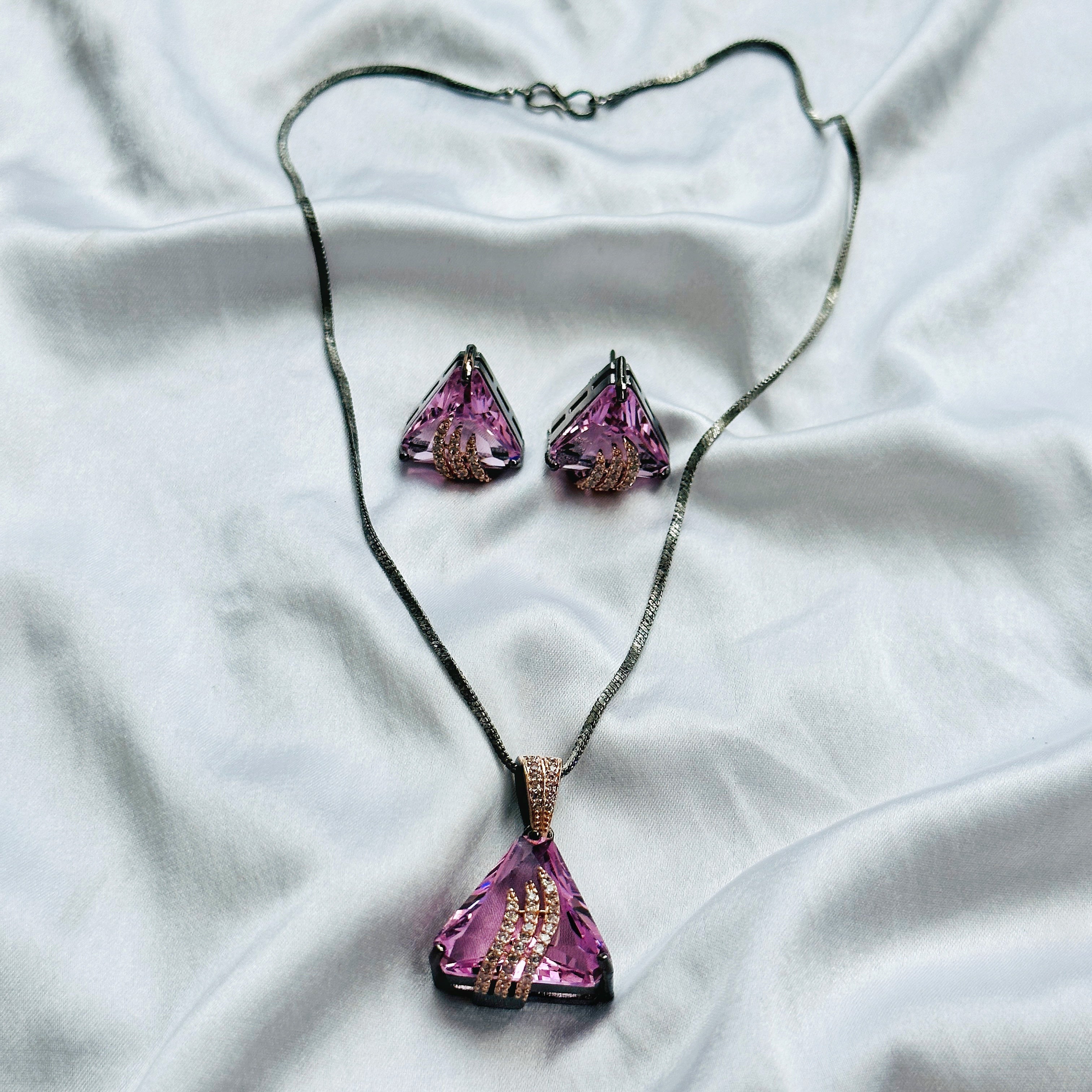 Pink Topaz Cubic Zircon American Diamond Victorian Plated Pendant Set