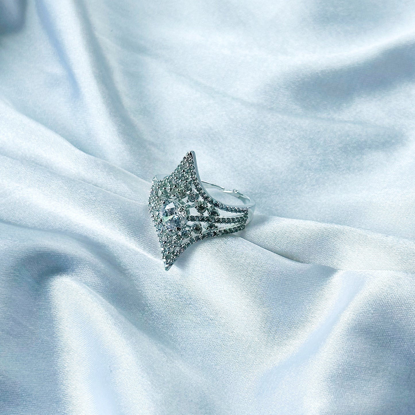 Solitaire Cubic Zircon American Diamond Silver Plated Adjustable Ring