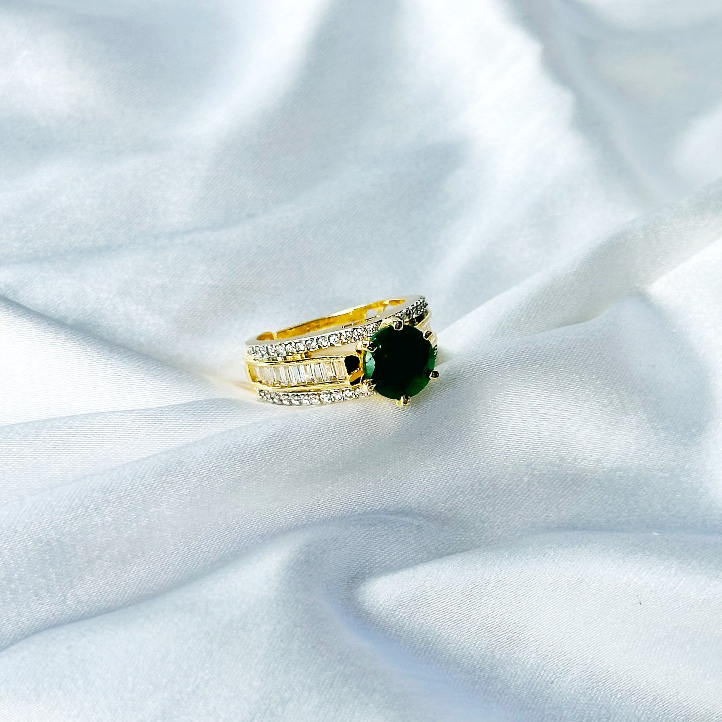 Green Emerald Cubic Zircon American Diamond Gold/Silver Plated Adjustable Ring