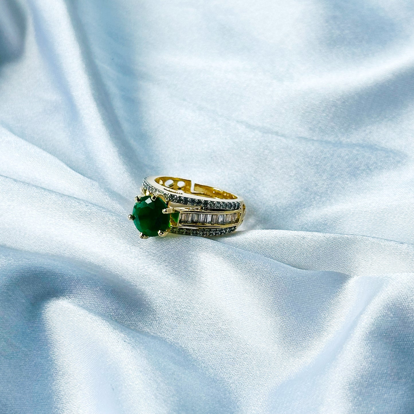 Green Emerald Cubic Zircon American Diamond Gold/Silver Plated Adjustable Ring