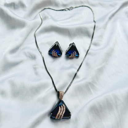 Blue Sapphire Cubic Zircon American Diamond Victorian Plated Pendant Set
