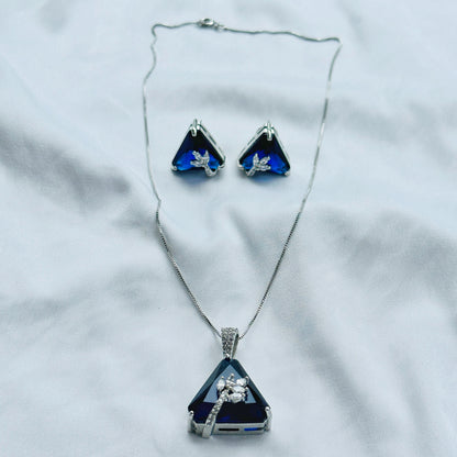 Blue Sapphire Cubic Zircon American Diamond Silver Plated Pendant Set