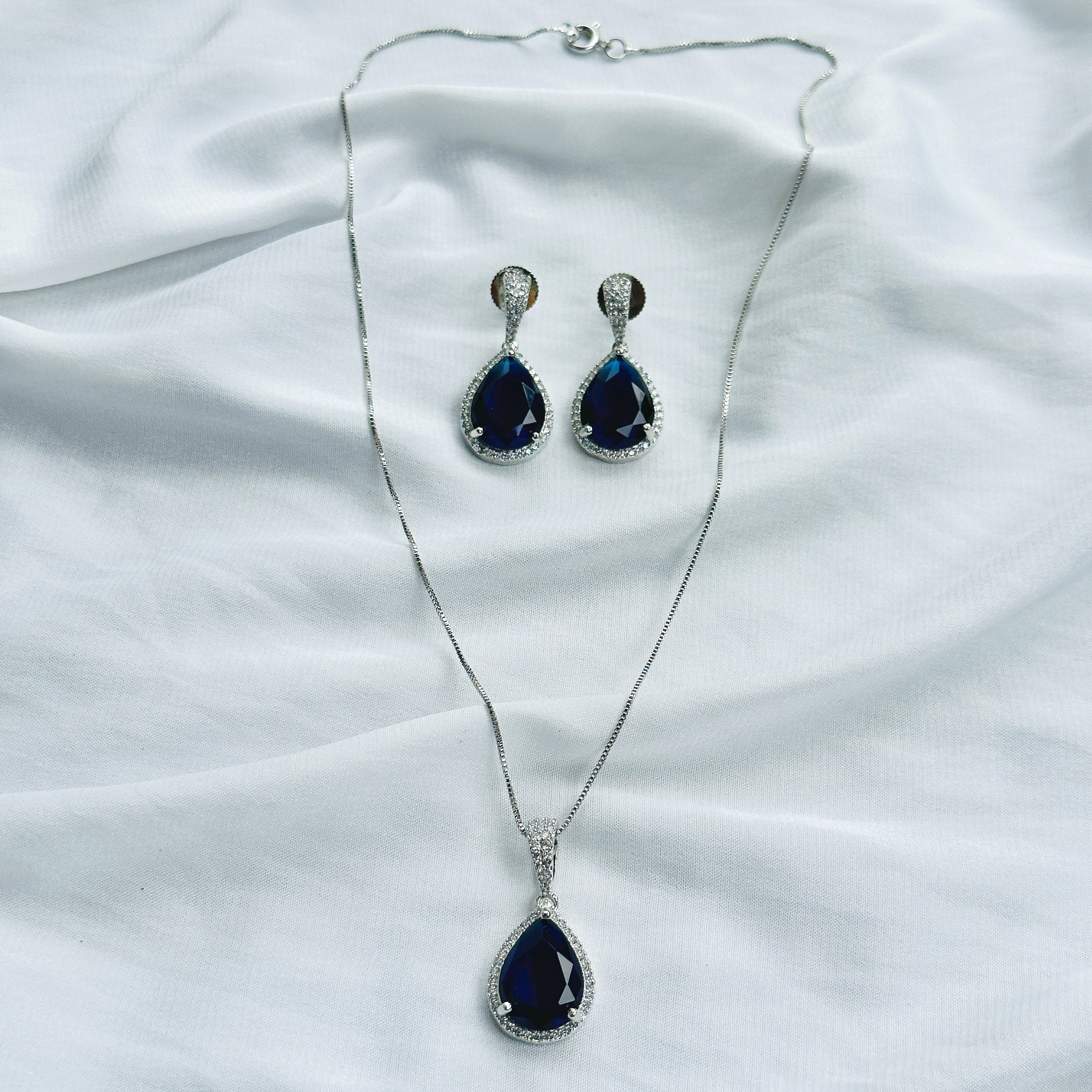 Blue Sapphire Cubic Zircon American Diamond Silver Plated Pendant Set