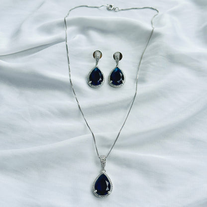 Blue Sapphire Cubic Zircon American Diamond Silver Plated Pendant Set