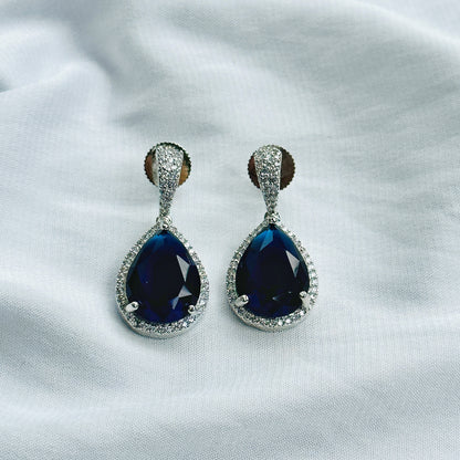 Blue Sapphire Cubic Zircon American Diamond Silver Plated Pendant Set