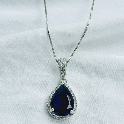Blue Sapphire Cubic Zircon American Diamond Silver Plated Pendant Set