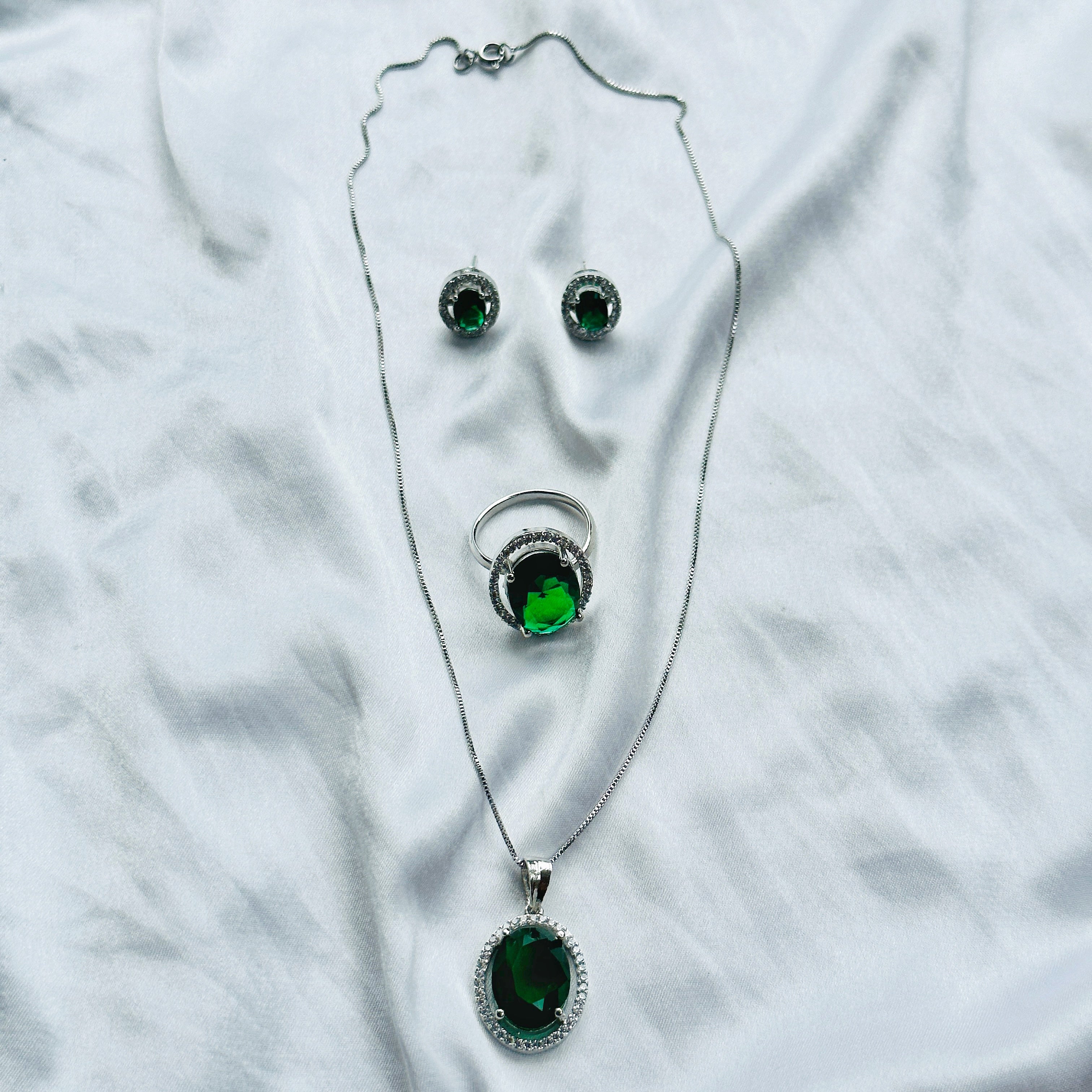 Green Emerald Cubic Zircon Silver AD Pendant Set Combo