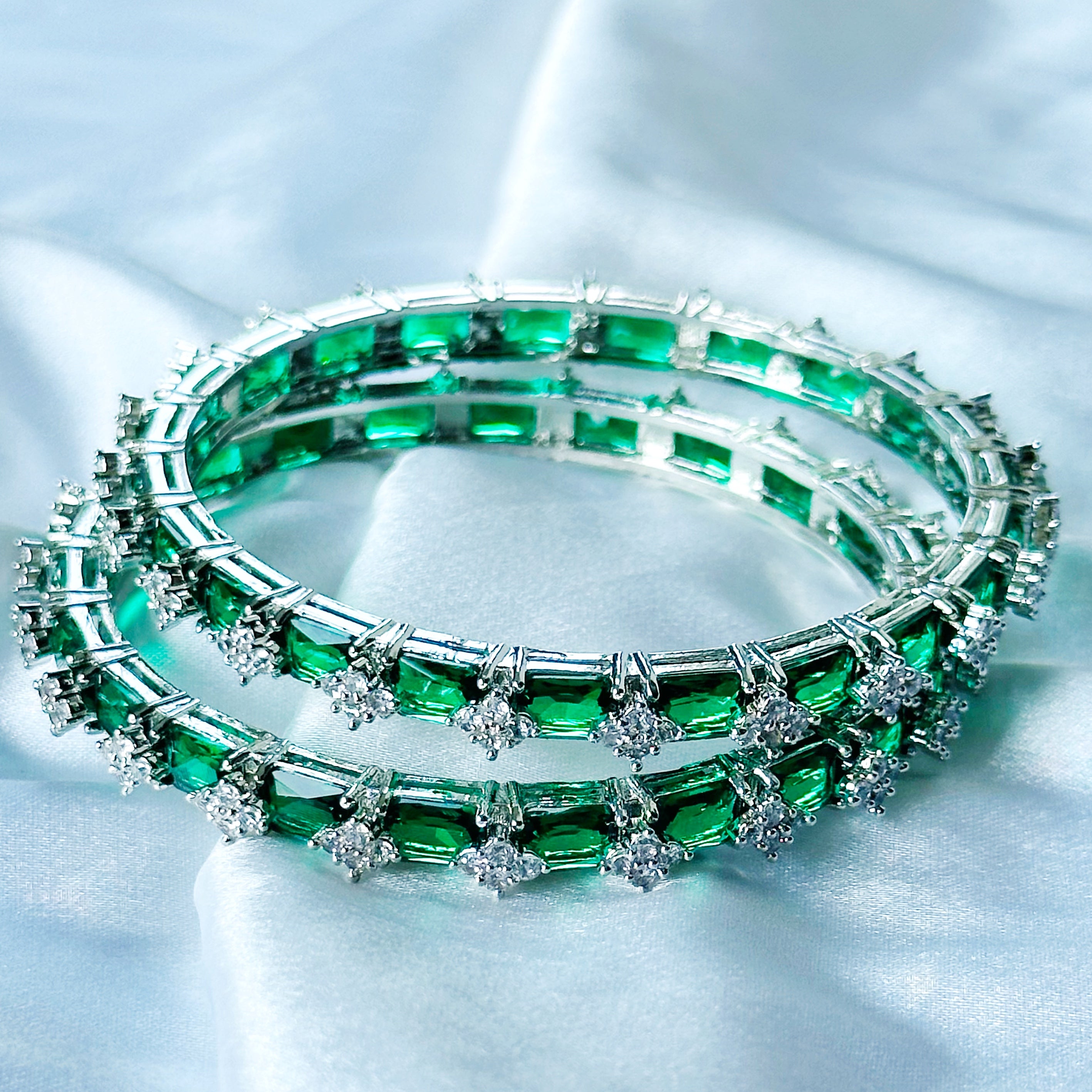 Green Emerald Cubic Zircon American Diamond Silver Plated Bangles, Set of 2