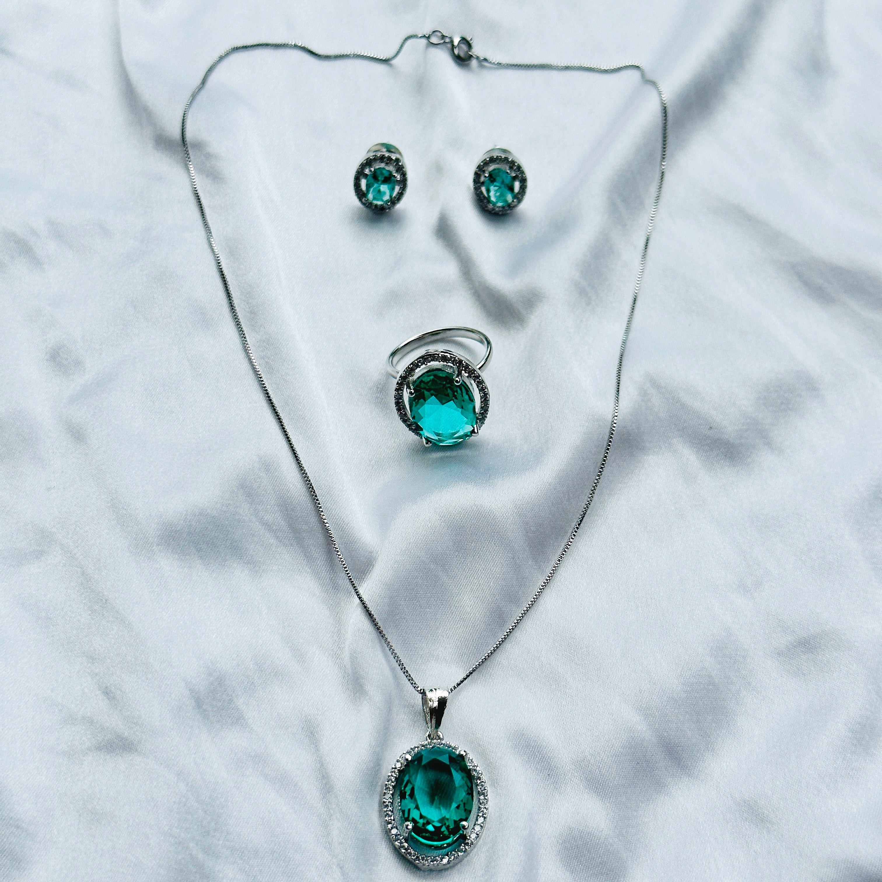 Sea Green Topaz Cubic Zircon Silver AD Pendant Set Combo