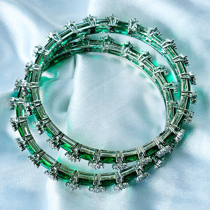 Green Emerald Cubic Zircon American Diamond Silver Plated Bangles, Set of 2