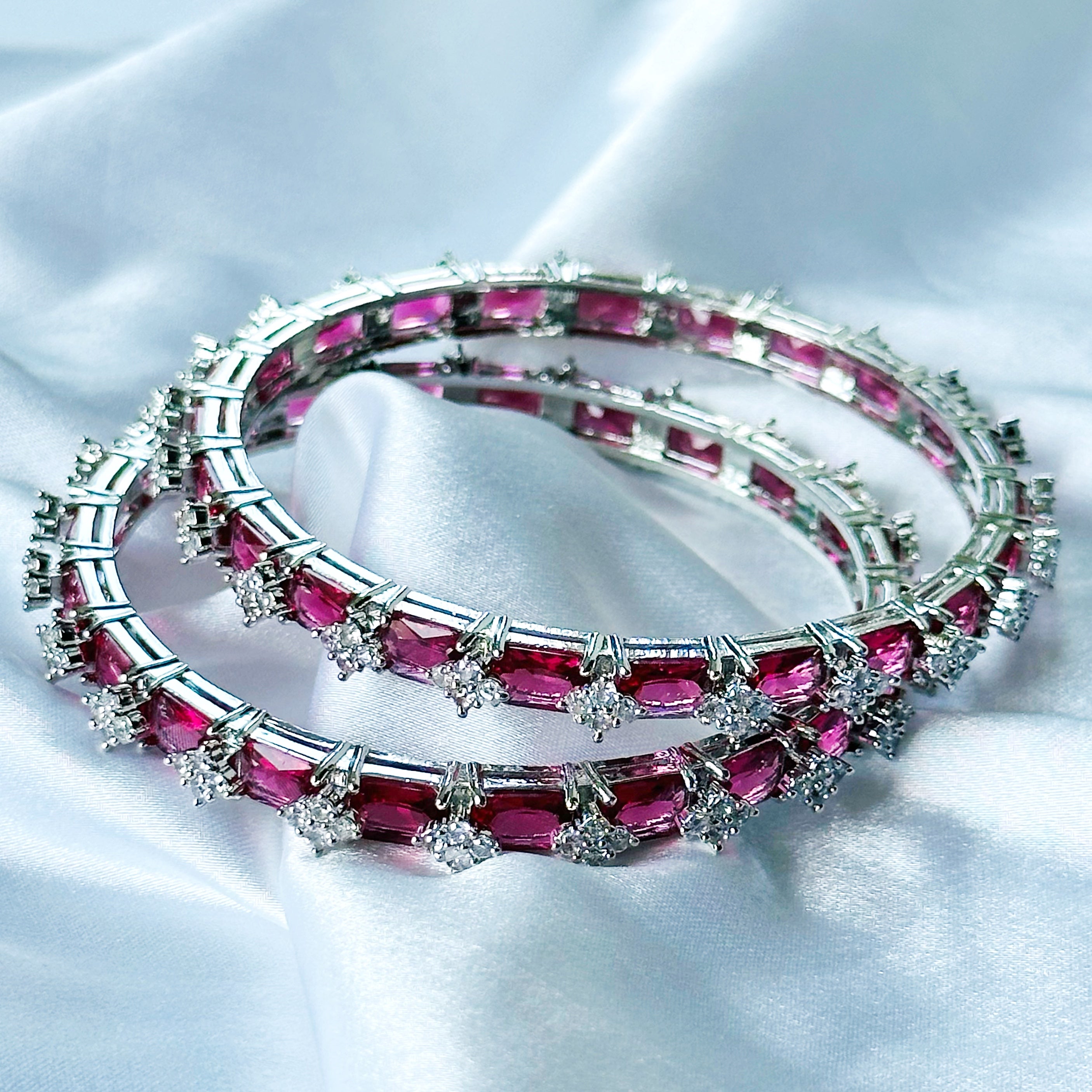 Red Ruby Cubic Zircon American Diamond Silver Plated Bangles, Set Of 2