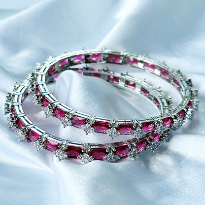 Red Ruby Cubic Zircon American Diamond Silver Plated Bangles, Set Of 2