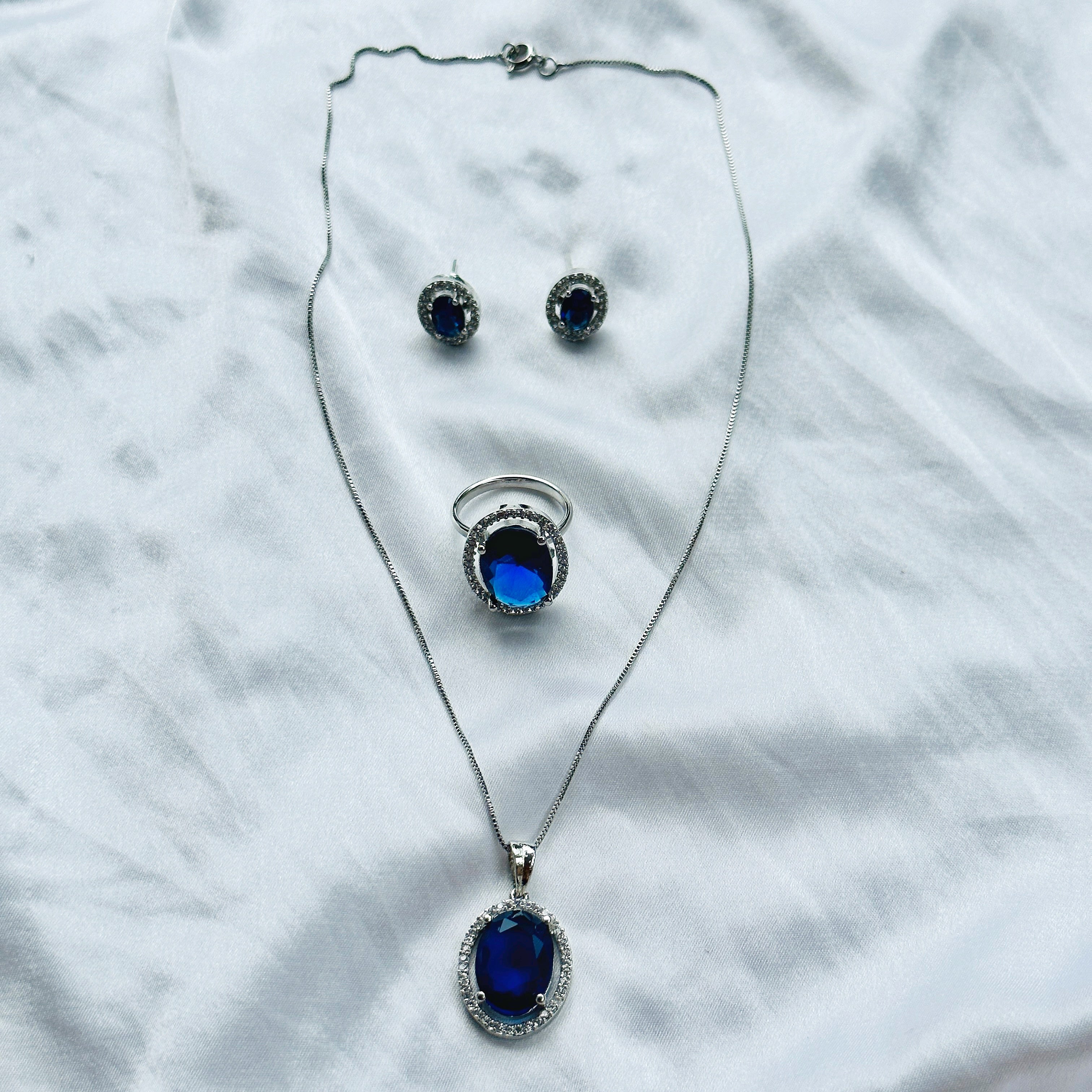 Blue Sapphire Cubic Zircon American Diamond Silver Plated Pendant Set Combo
