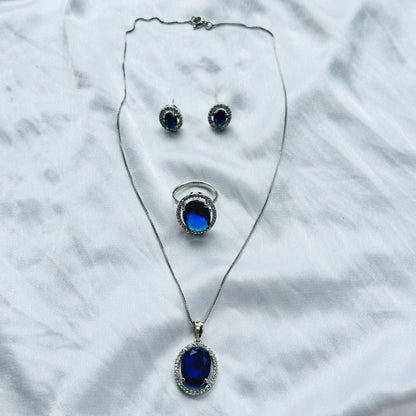 Blue Sapphire Cubic Zircon American Diamond Silver Plated Pendant Set Combo