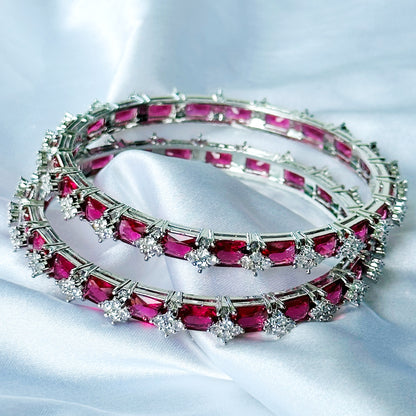 Red Ruby Cubic Zircon American Diamond Silver Plated Bangles, Set Of 2