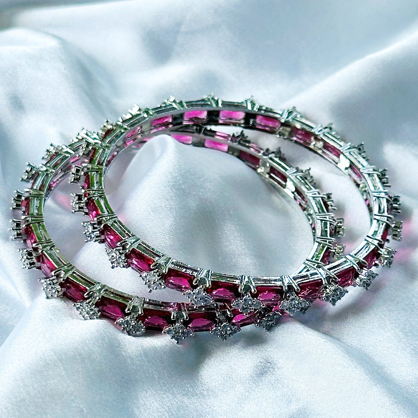 Red Ruby Cubic Zircon American Diamond Silver Plated Bangles, Set Of 2
