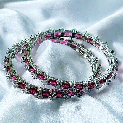 Red Ruby Cubic Zircon American Diamond Silver Plated Bangles, Set Of 2