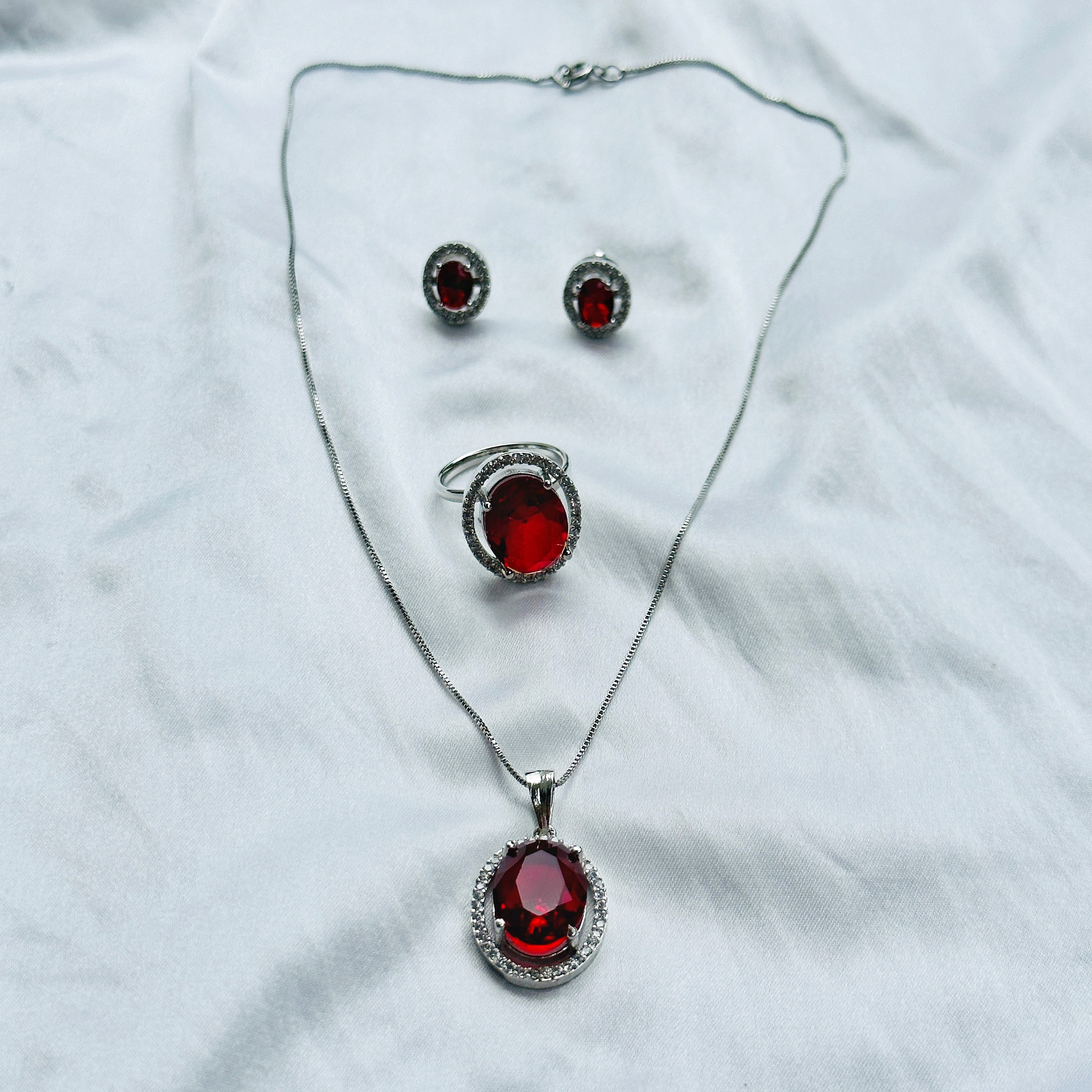 Red Ruby Cubic Zircon American Diamond Silver Plated Pendant Set Combo