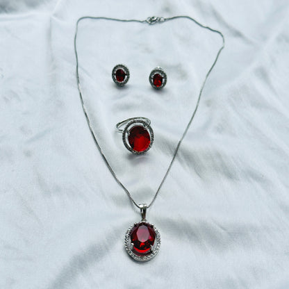 Red Ruby Cubic Zircon American Diamond Silver Plated Pendant Set Combo