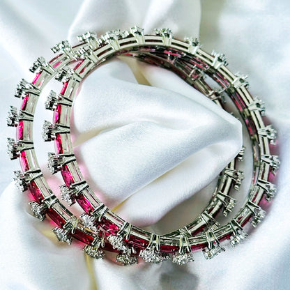 Red Ruby Cubic Zircon American Diamond Silver Plated Bangles, Set Of 2