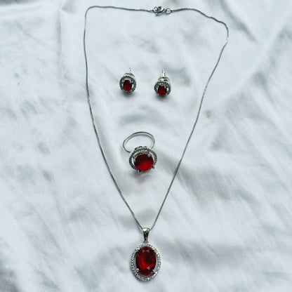 Red Ruby Cubic Zircon American Diamond Silver Plated Pendant Set Combo
