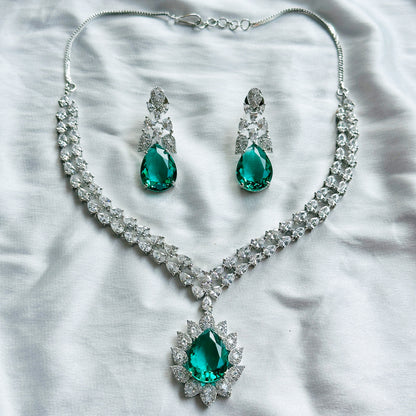 Sea Green Topaz Cubic Zircon American Diamond Silver Plated Necklace Set