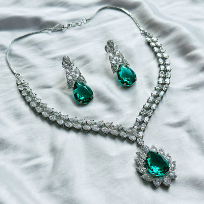 Sea Green Topaz Cubic Zircon American Diamond Silver Plated Necklace Set