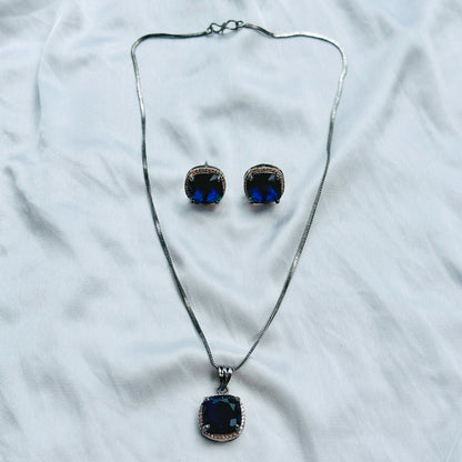 Blue Sapphire Cubic Zircon American Diamond Victorian Plated Pendant Set