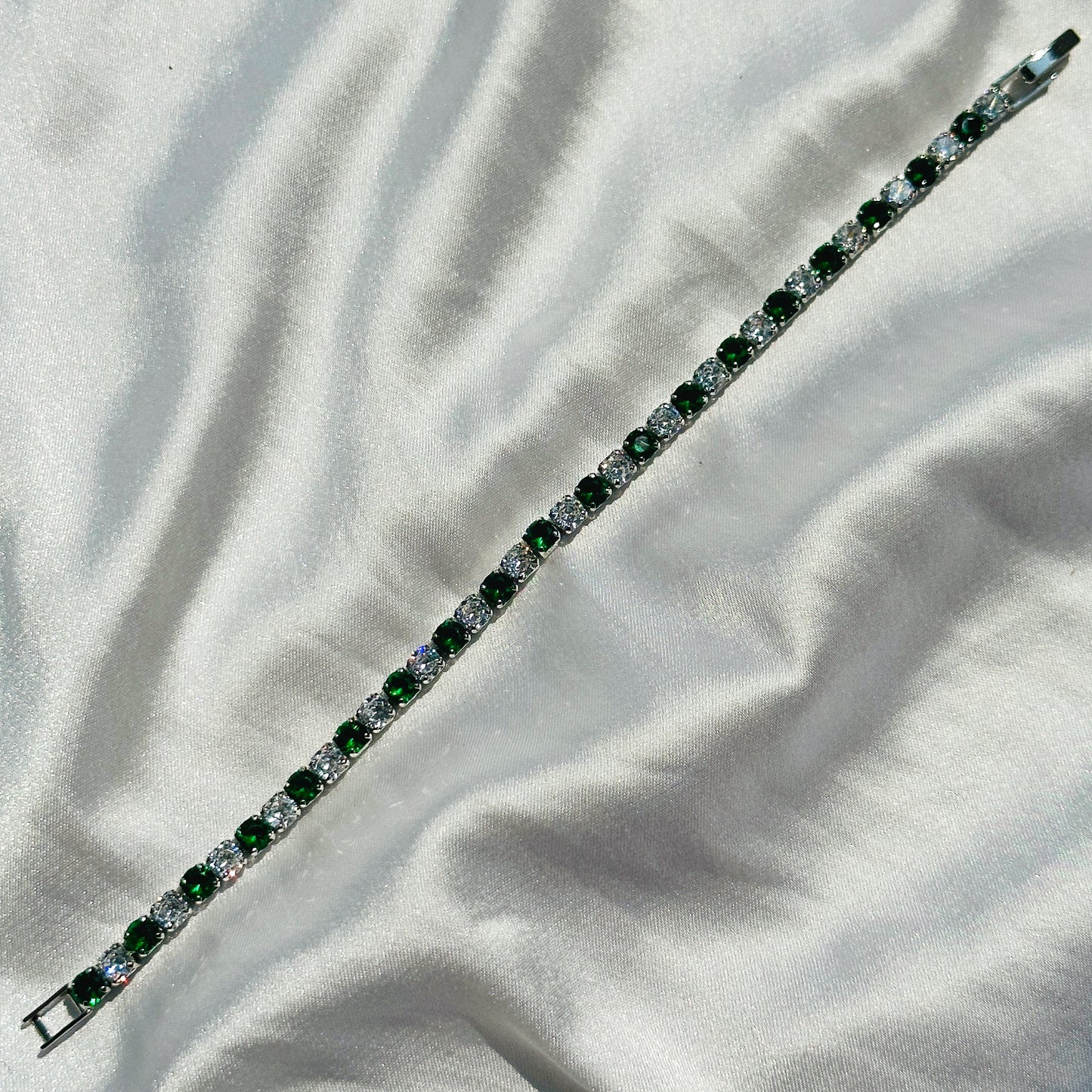 Green Emerald Cubic Zircon Silver Plated Tennis Chain Bracelet