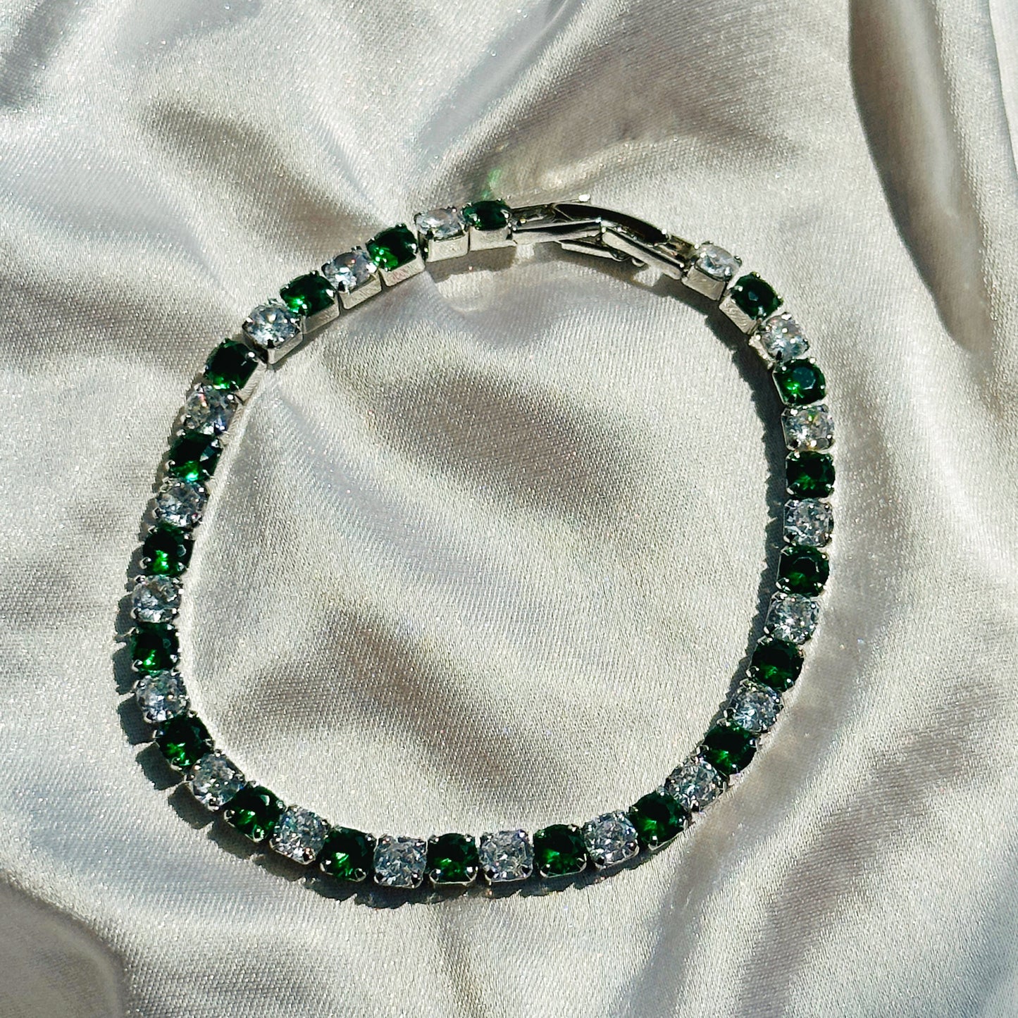 Green Emerald Cubic Zircon Silver Plated Tennis Chain Bracelet