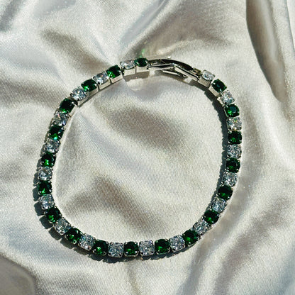 Green Emerald Cubic Zircon Silver Plated Tennis Chain Bracelet