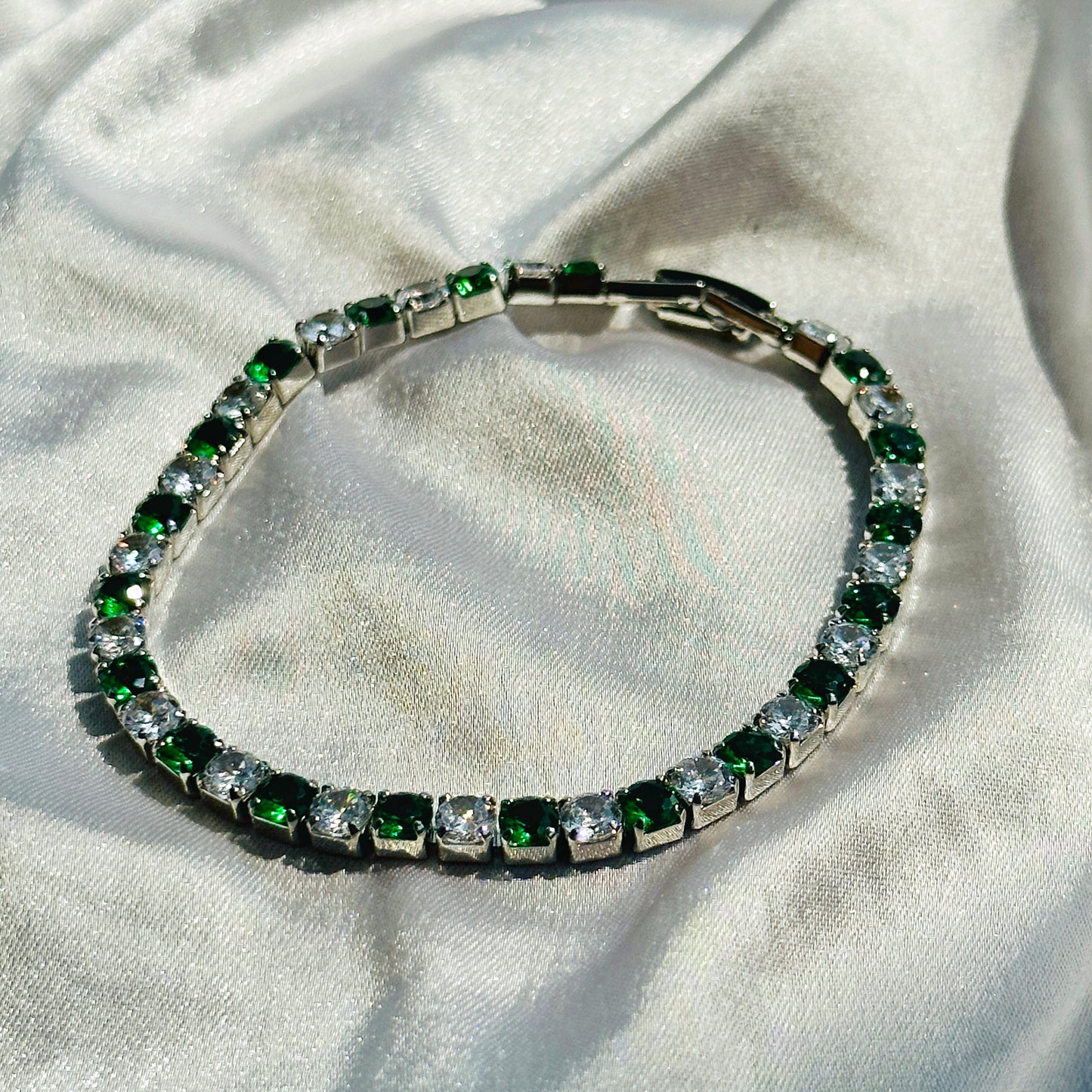 Green Emerald Cubic Zircon Silver Plated Tennis Chain Bracelet