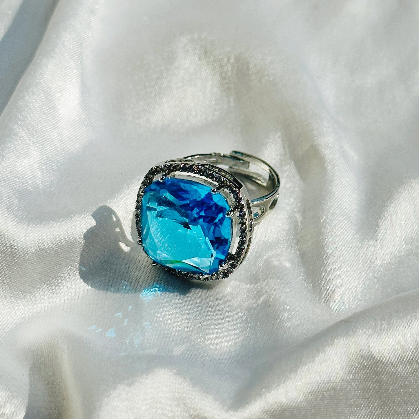 Aqua Blue Sapphire Cubic Zircon American Diamond Silver Plated Adjustable Ring
