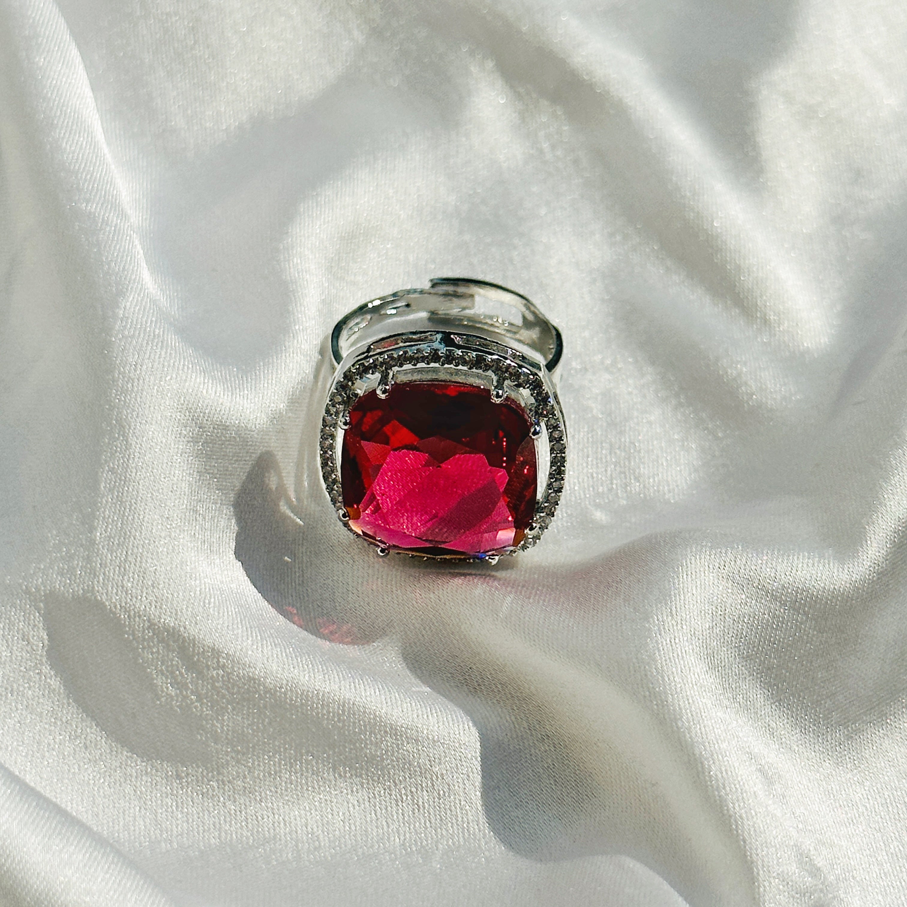 Red Ruby Cubic Zircon American Diamond Silver Plated Adjustable Ring
