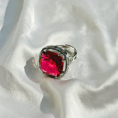 Red Ruby Cubic Zircon American Diamond Silver Plated Adjustable Ring