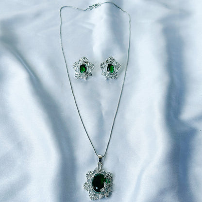 Green Emerald Cubic Zircon American Diamond Silver Plated Pendant Set