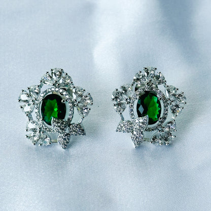 Green Emerald Cubic Zircon American Diamond Silver Plated Pendant Set
