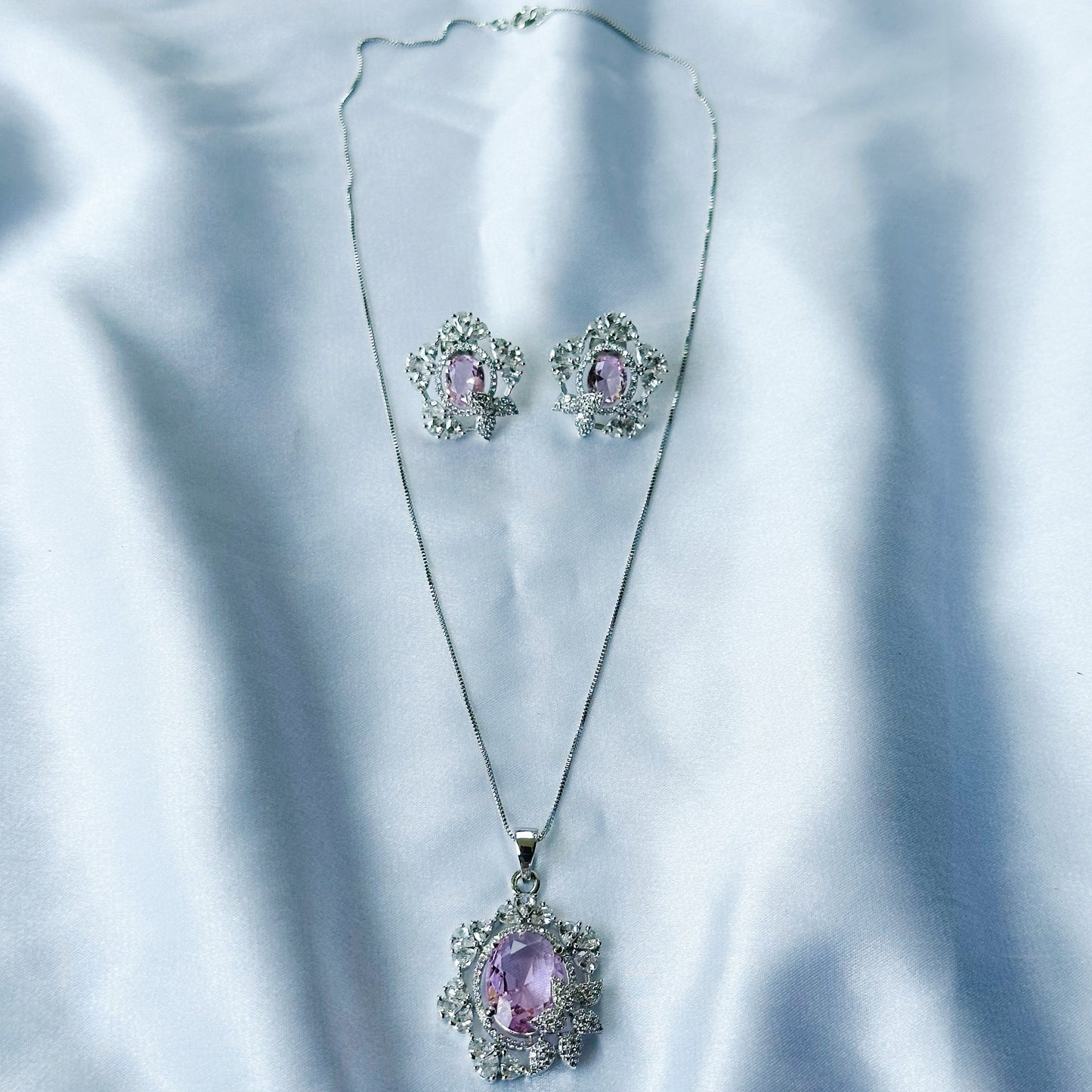 Pink Topaz Cubic Zircon American Diamond Silver Plated Pendant Set