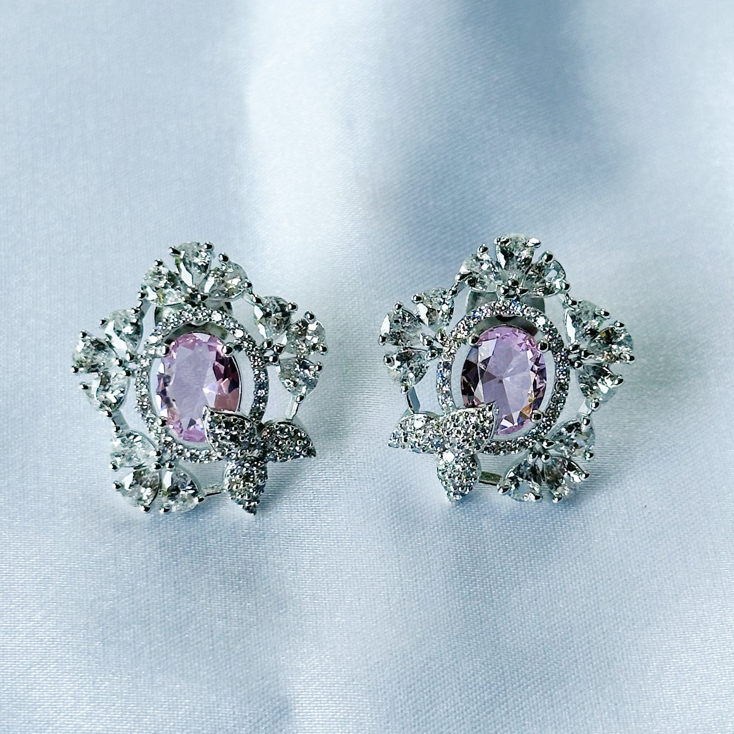 Pink Topaz Cubic Zircon American Diamond Silver Plated Pendant Set