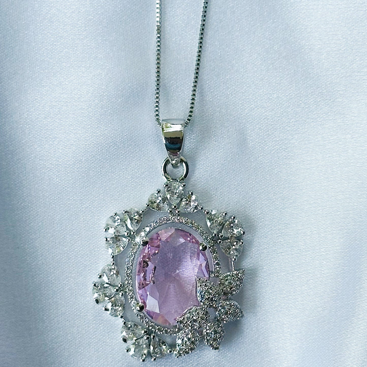Pink Topaz Cubic Zircon American Diamond Silver Plated Pendant Set