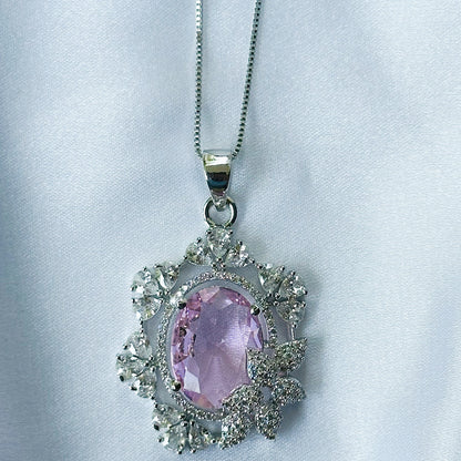Pink Topaz Cubic Zircon American Diamond Silver Plated Pendant Set