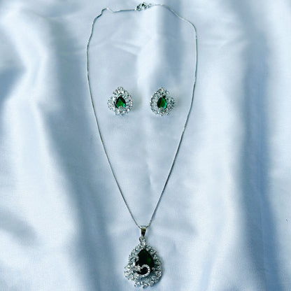 Green Emerald Cubic Zircon American Diamond Silver Plated Pendant Set