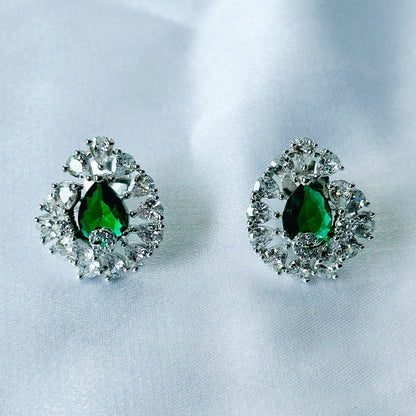 Green Emerald Cubic Zircon American Diamond Silver Plated Pendant Set