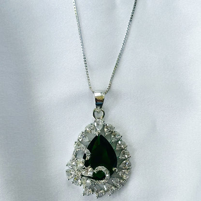 Green Emerald Cubic Zircon American Diamond Silver Plated Pendant Set