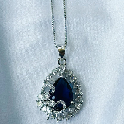 Blue Sapphire Cubic Zircon American Diamond Silver Plated Pendant Set